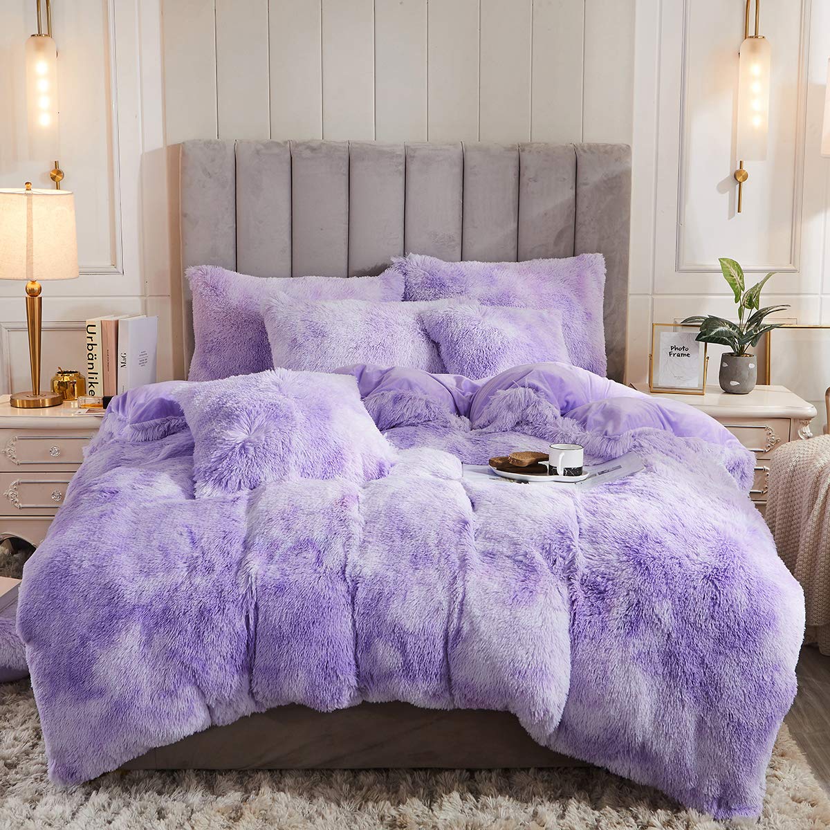 Uhamho Tie Dye Printed Faux Fur Bedding Set Modern Abstract Shaggy Plush Duvet Cover With Pillow Shams, Ultra Soft Warm And Dura